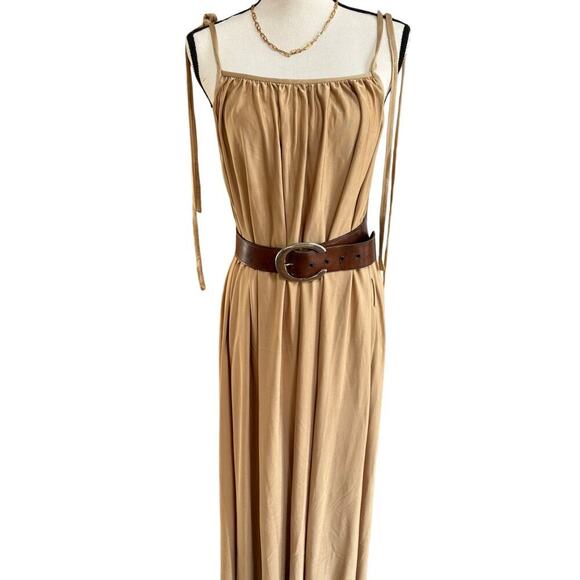 Radenroro Dresses & Skirts - Women’s 100% Silk Maxi Dress Large Tan Gold Sheer Flowy Spaghetti Strap Women’s
